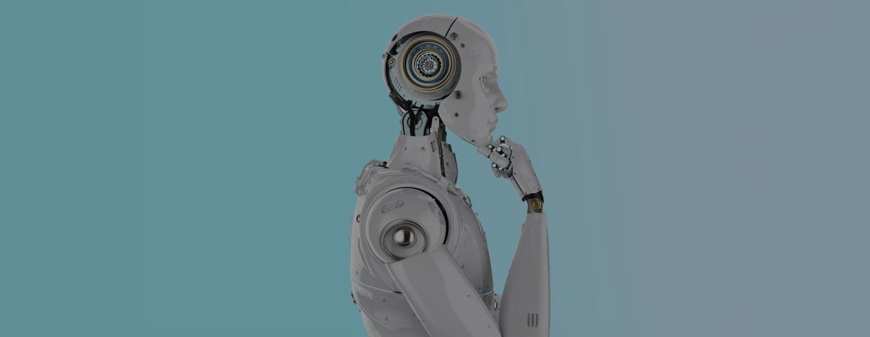 Human-like robot in a thinking pose