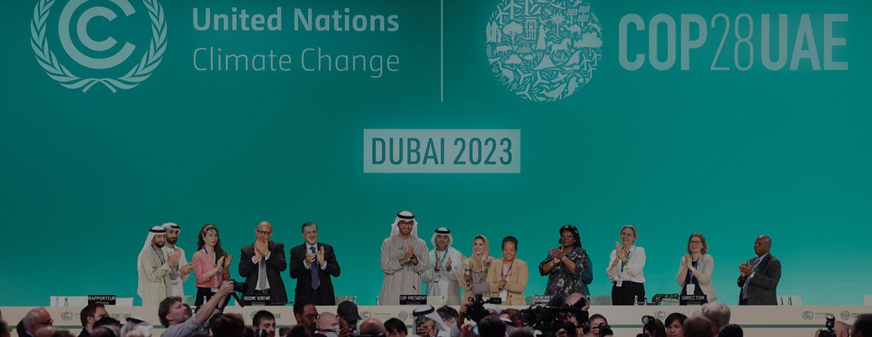 Dr. Sultan Al Jaber, COP28 President and other participants onstage during the Closing Plenary at the UN Climate Change Conference COP28 at Expo City Dubai