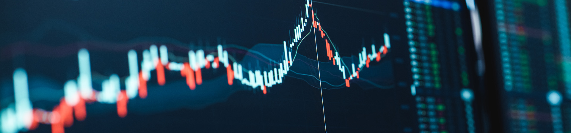 Close Up Shot Of A Computer Monitor Screen With Realtime Stocks Commodities And Exchange Market Charts