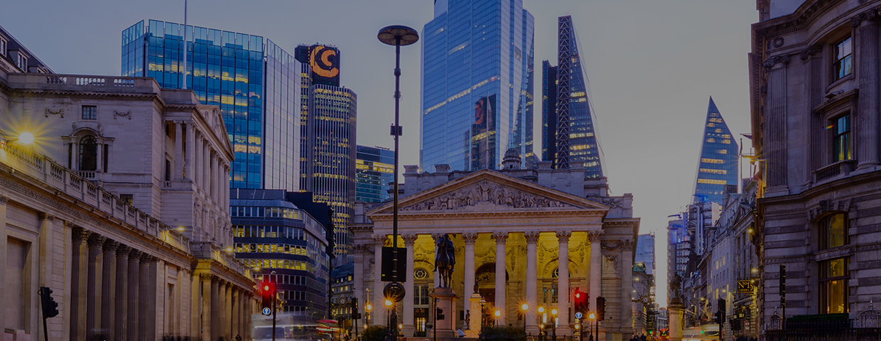 Illuminated City Skyscrapers On The Skyline, Bank of England, London