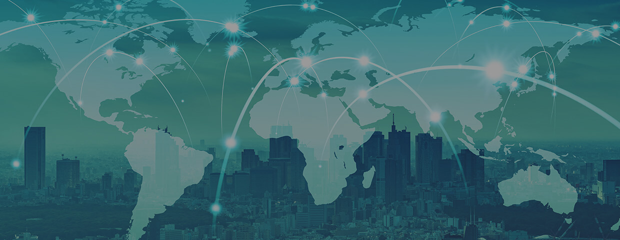 A worldmap with connected dots depicting trade routes