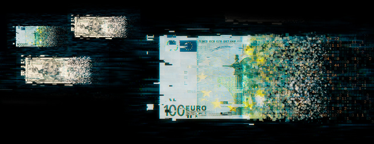 Pixelated 100 euro note representing the digital euro