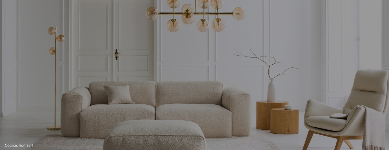 Livingroom setting with couch and chair from home24