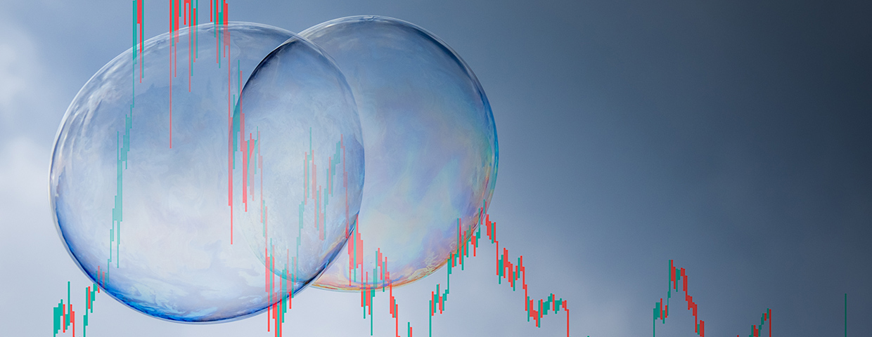 symbolic picture of a stock market bubble with a parabolic chart that is in a recession.