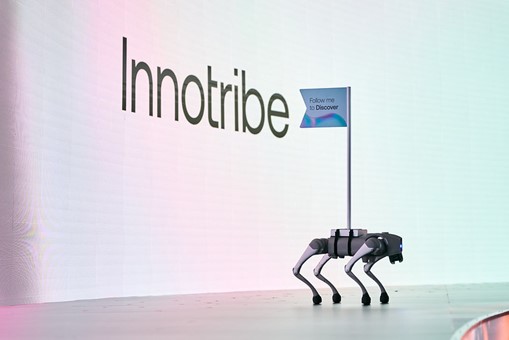 Robotic dog leading the way to the Innotribe stage