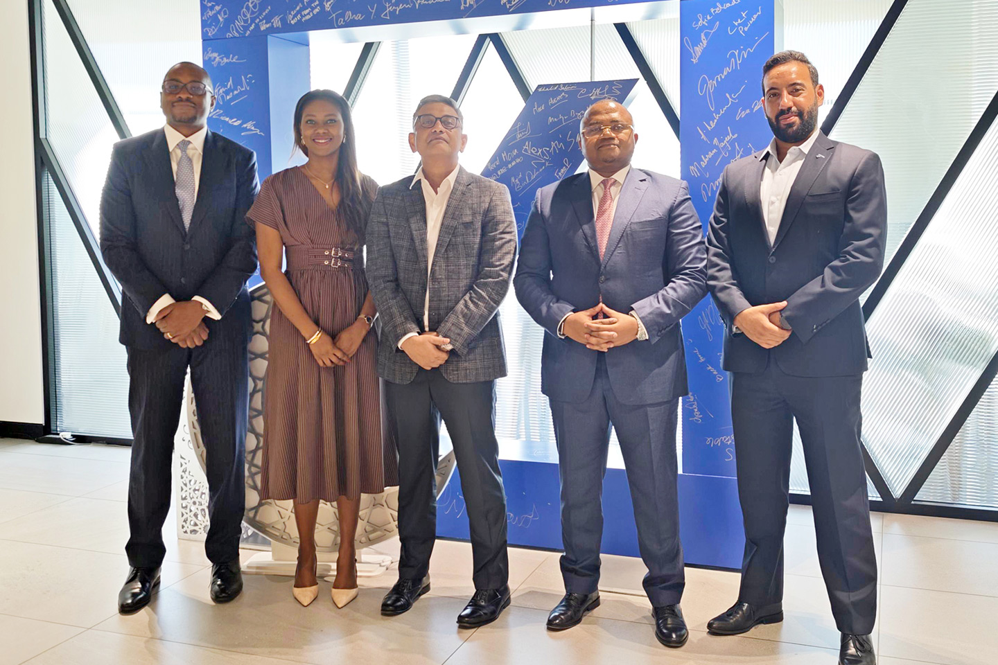 From left to right: Jackson Kehengu, Principal Representative & Country Manager, CRDB Bank PLC, DIFC Representative Office; Ndeye Rivet, Structured Trade & Export Finance MEA, Deutsche Bank; Anand Jha, Global Head of Trade Finance Financial Institutions & Region Head Trade Finance & Lending MEA; Dr. Abdulmajid Mussa Nsekela, Group Chief Executive Officer and Managing Director, CRDB Bank PLC; and Sabri Riache, Institutional Cash & Trade Client Manager, East and Southern Africa, Deutsche Bank.