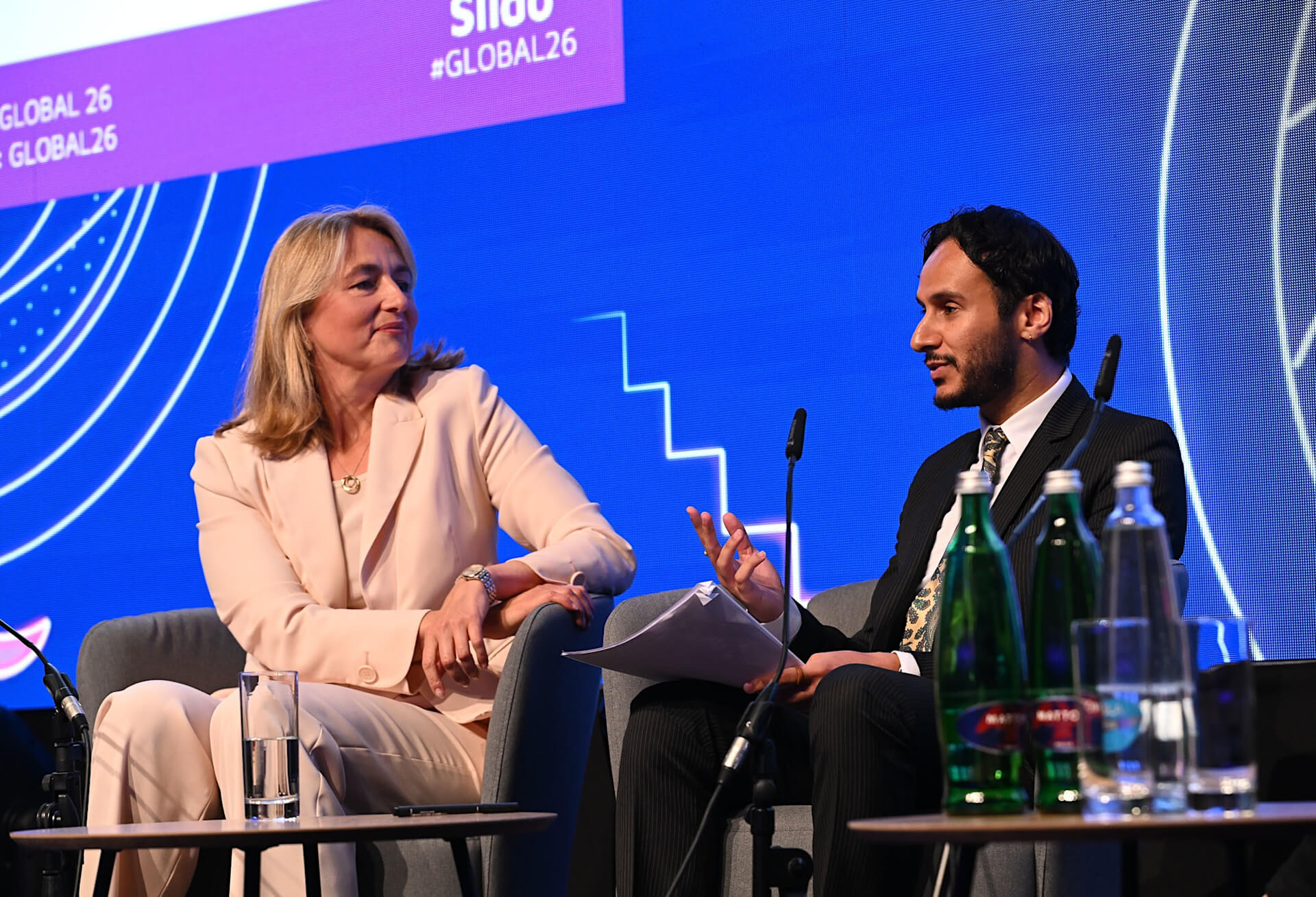 Euler Hermes&rsquo; Edna Sch&ouml;ne and TXF&rsquo;s Hesham Zakai discussing at SIBOS 2026