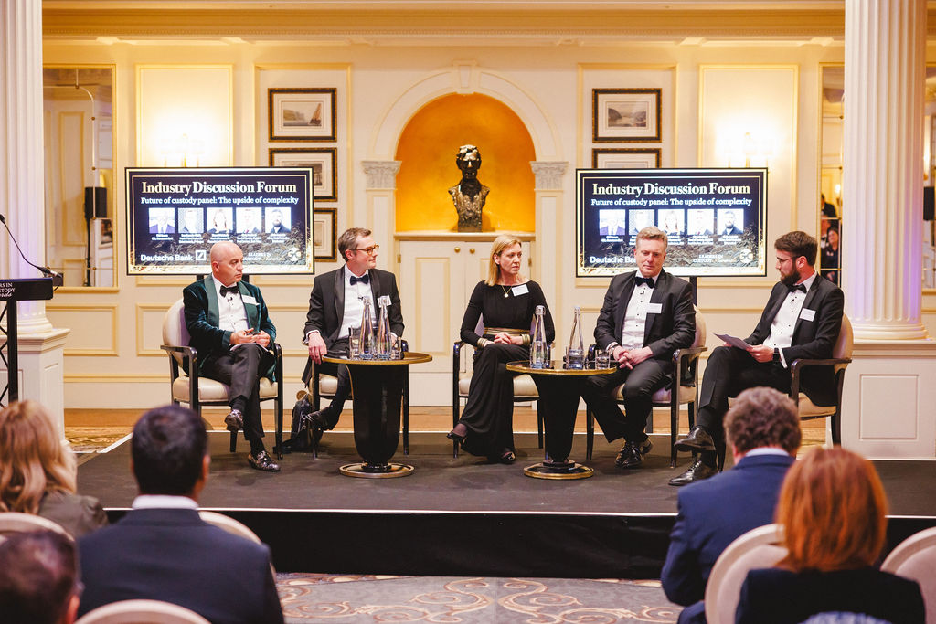 From left to right: Phil Brown (Clearstream); Sam Cauvain-Welsh (JP Morgan); Sinead McIntosh (BBH); Chris Rowland (State Street); and Chris Lemmon (Global Custodian)</em>